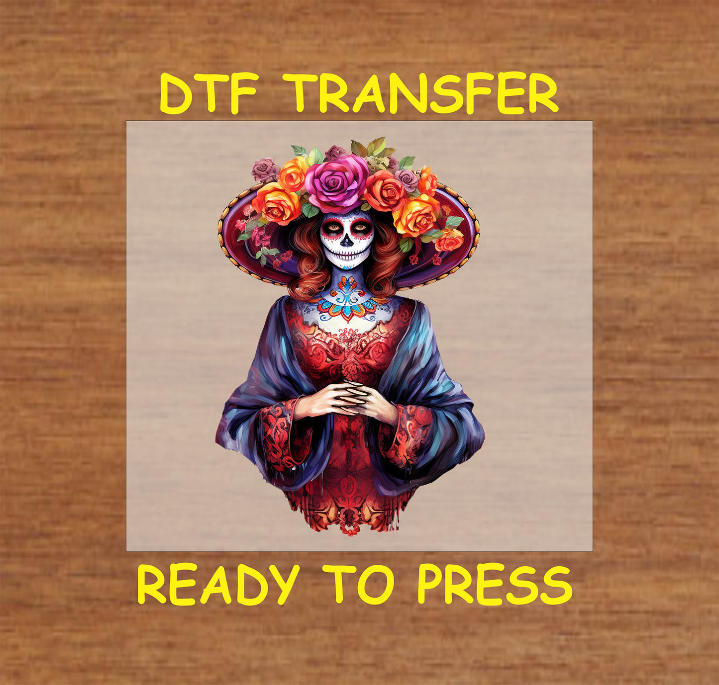 Regal Catrina DTF transfer featuring a floral hat, red gown, and intricate Día de los Muertos-inspired details.