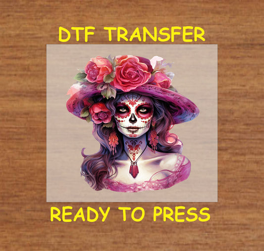 Pink Elegance Catrina DTF transfer featuring a floral hat, intricate details, and Día de los Muertos-inspired artwork.