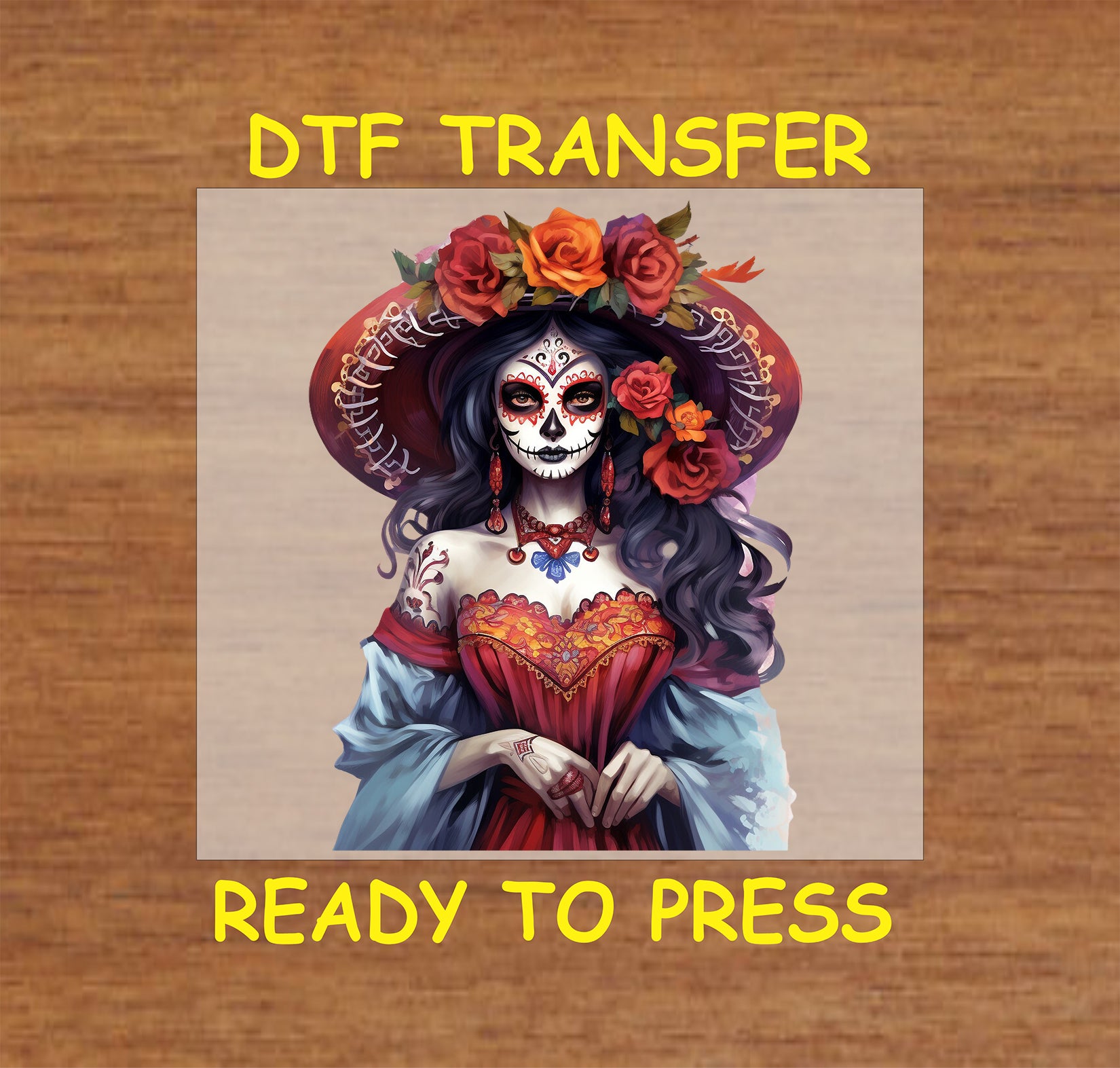 Red Rose Catrina DTF transfer featuring vibrant floral hat, intricate details, and Día de los Muertos-inspired design.
