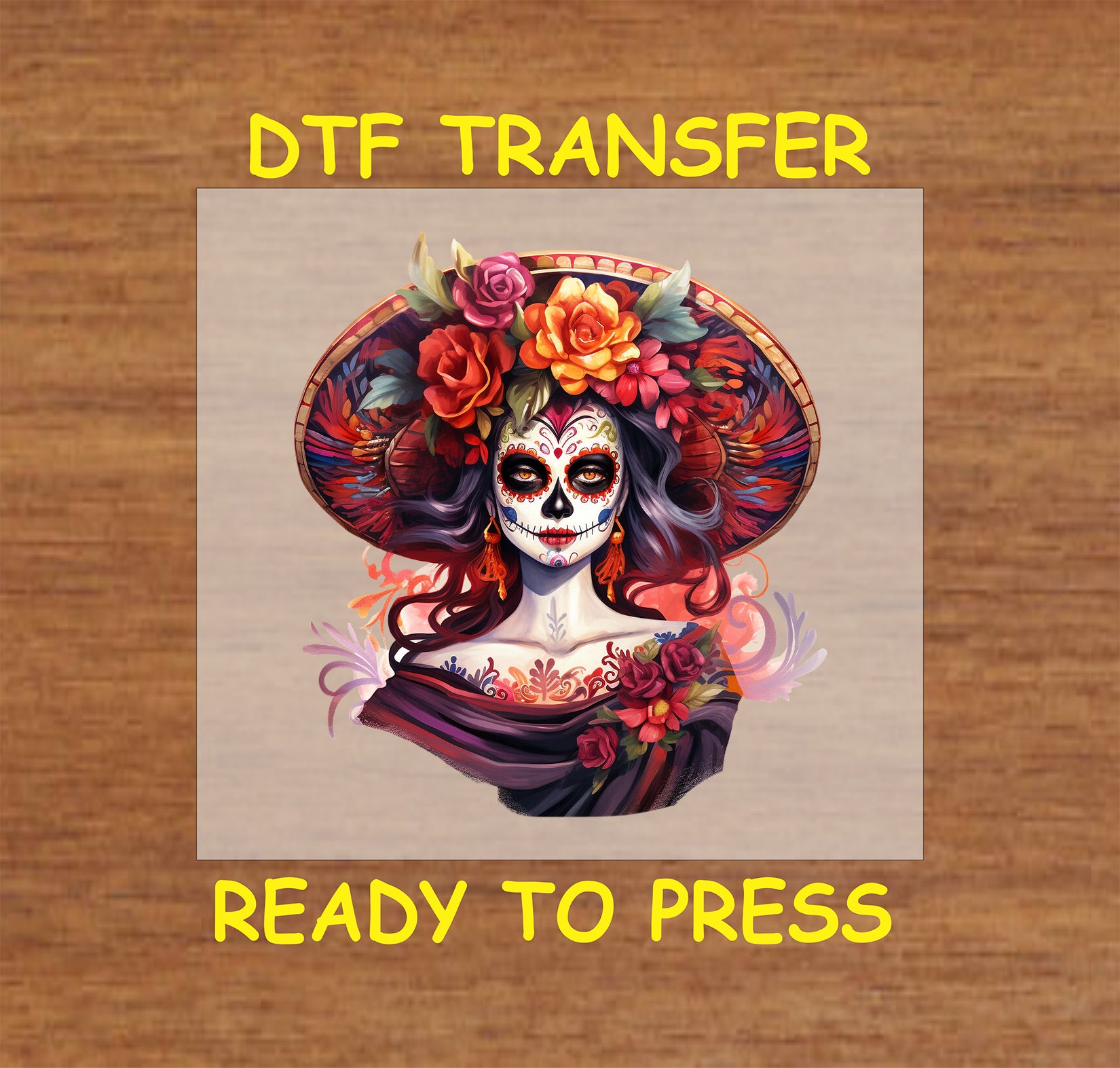 Majestic Floral Catrina DTF transfer featuring a vibrant floral hat, intricate details, and Día de los Muertos-inspired artwork.