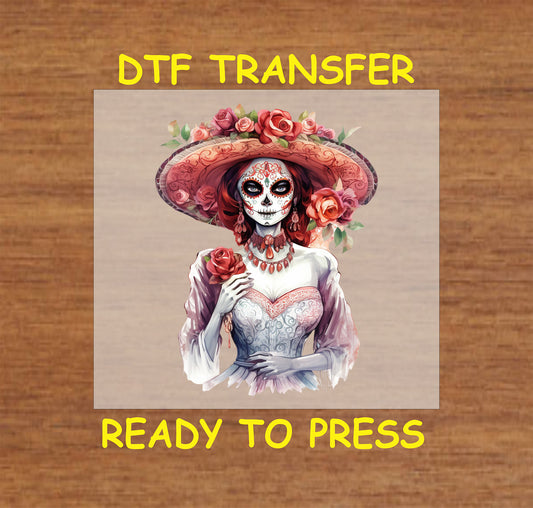 Graceful Catrina DTF transfer featuring a floral hat, intricate lace details, and Día de los Muertos-inspired design.