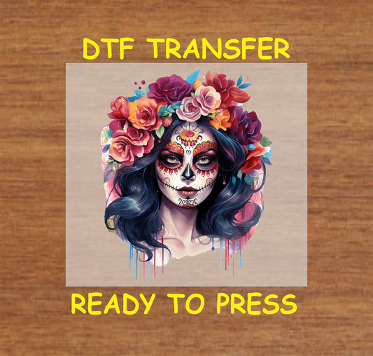 Bold Floral Catrina DTF transfer featuring vibrant roses, intricate face paint, and Día de los Muertos-inspired design.