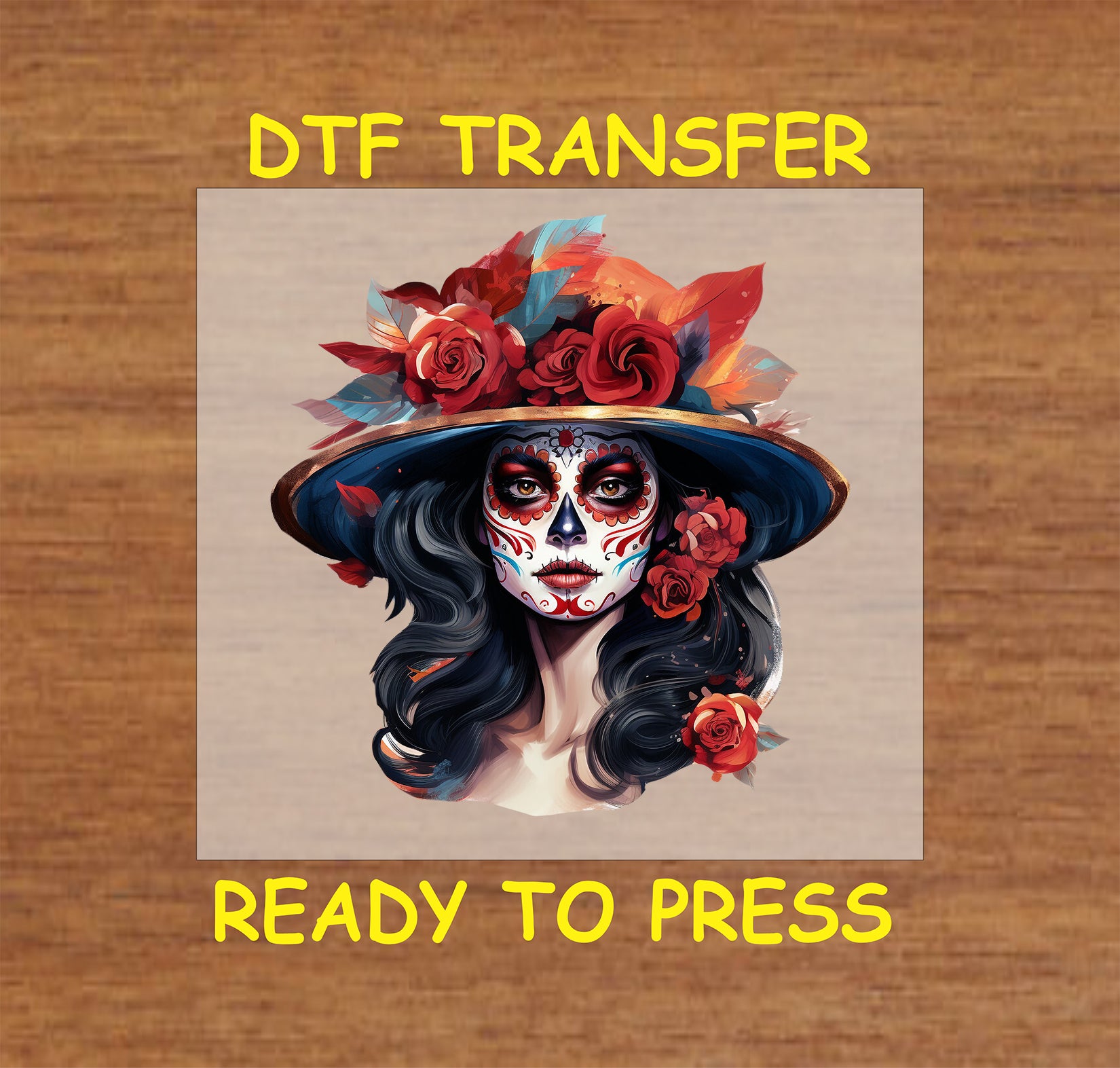 Elegant Red Rose Catrina DTF transfer with bold floral hat, intricate face paint, and Día de los Muertos design.