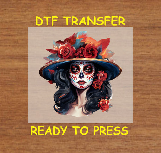 Elegant Red Rose Catrina DTF transfer with bold floral hat, intricate face paint, and Día de los Muertos design.