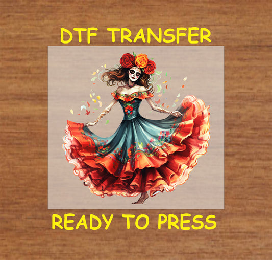Dancing Catrina DTF transfer featuring a vibrant red and green dress with floral accents and Día de los Muertos-inspired details.