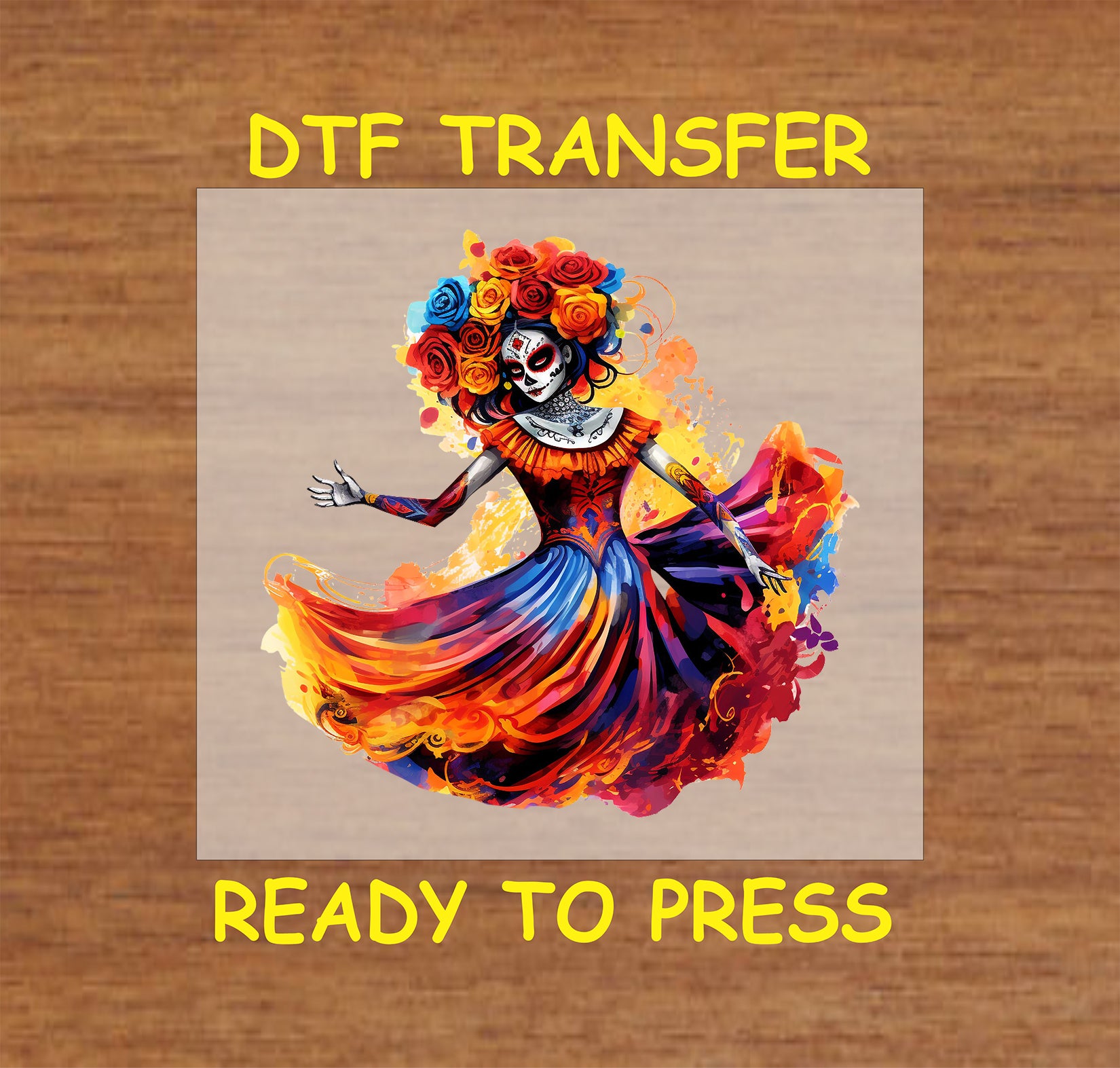 Colorful Dancing Catrina DTF transfer featuring a vibrant swirling dress, floral headpiece, and Día de los Muertos-inspired design.