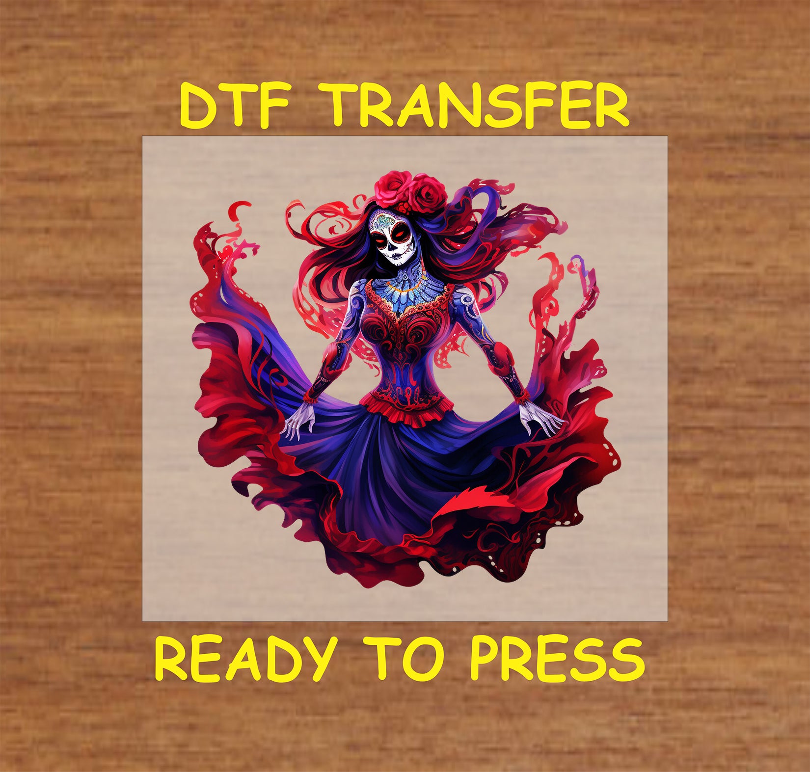Fiery Grace Dancing Catrina DTF transfer featuring a flowing red and purple dress, intricate patterns, and Día de los Muertos design.
