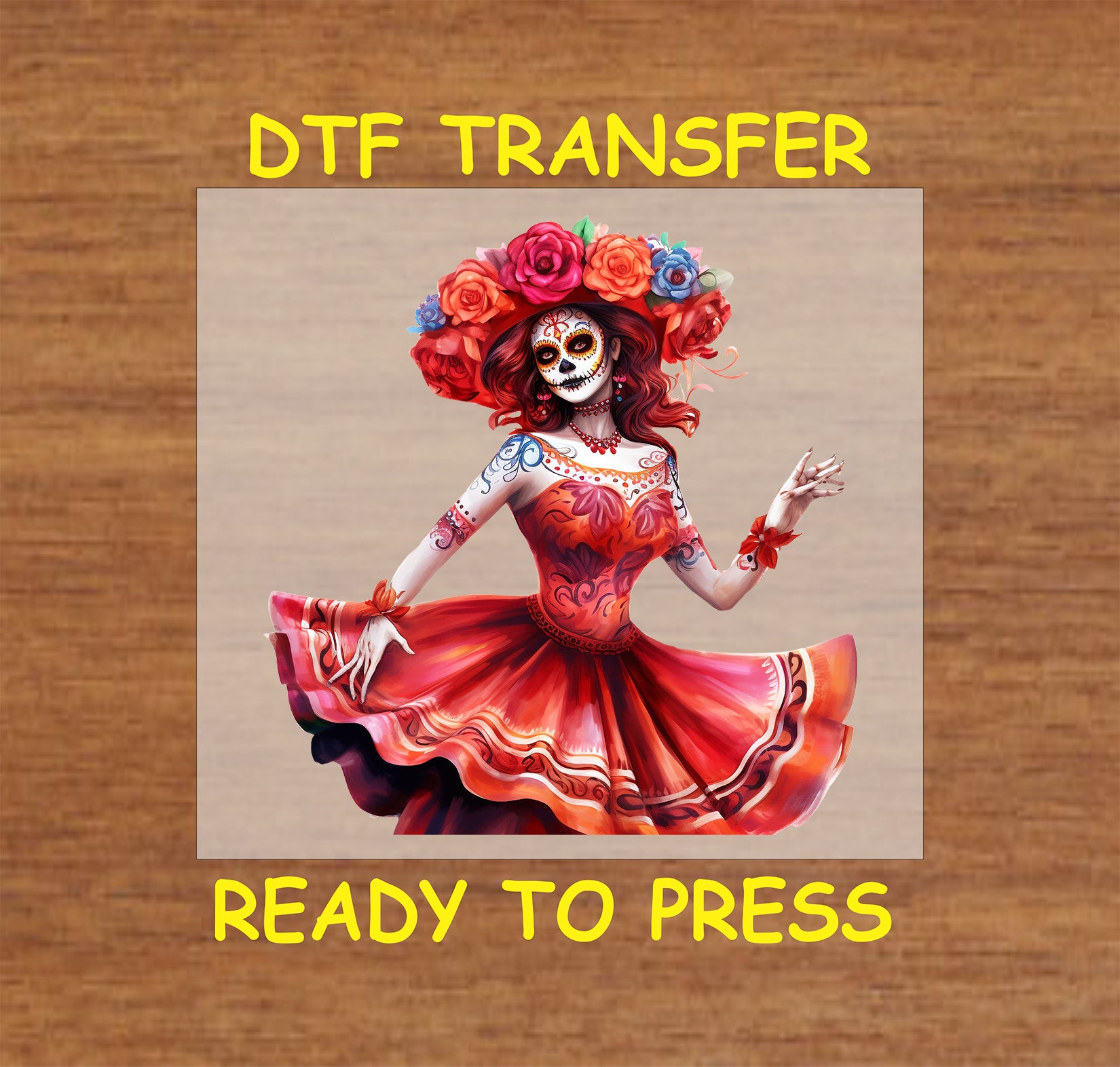 Festive Dancing Catrina DTF transfer featuring a vibrant red dress, floral headpiece, and intricate Día de los Muertos details.