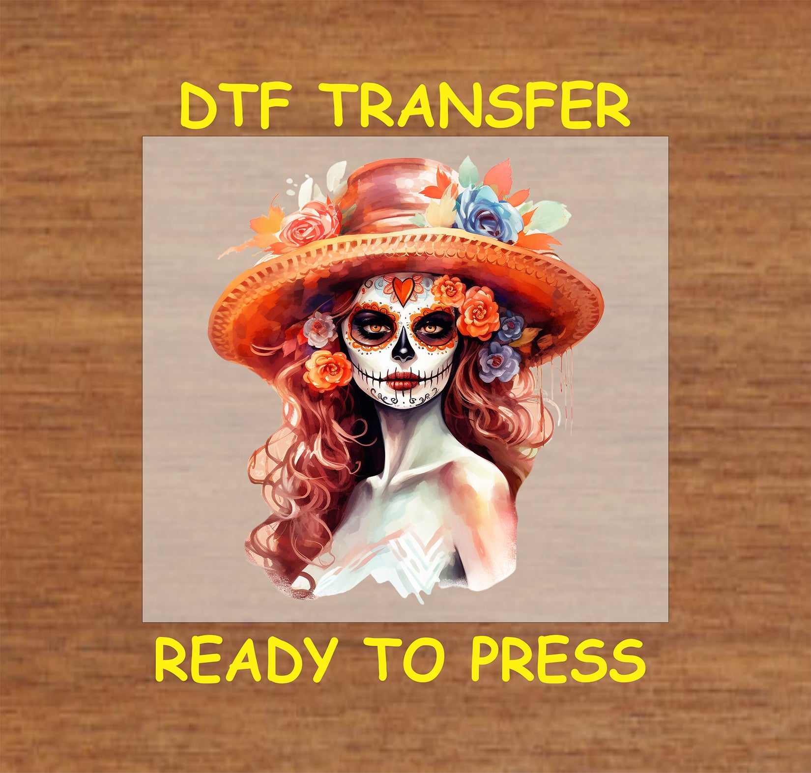 Elegant Floral Hat Catrina DTF transfer featuring vibrant flowers, intricate face paint, and Día de los Muertos-inspired artistry.