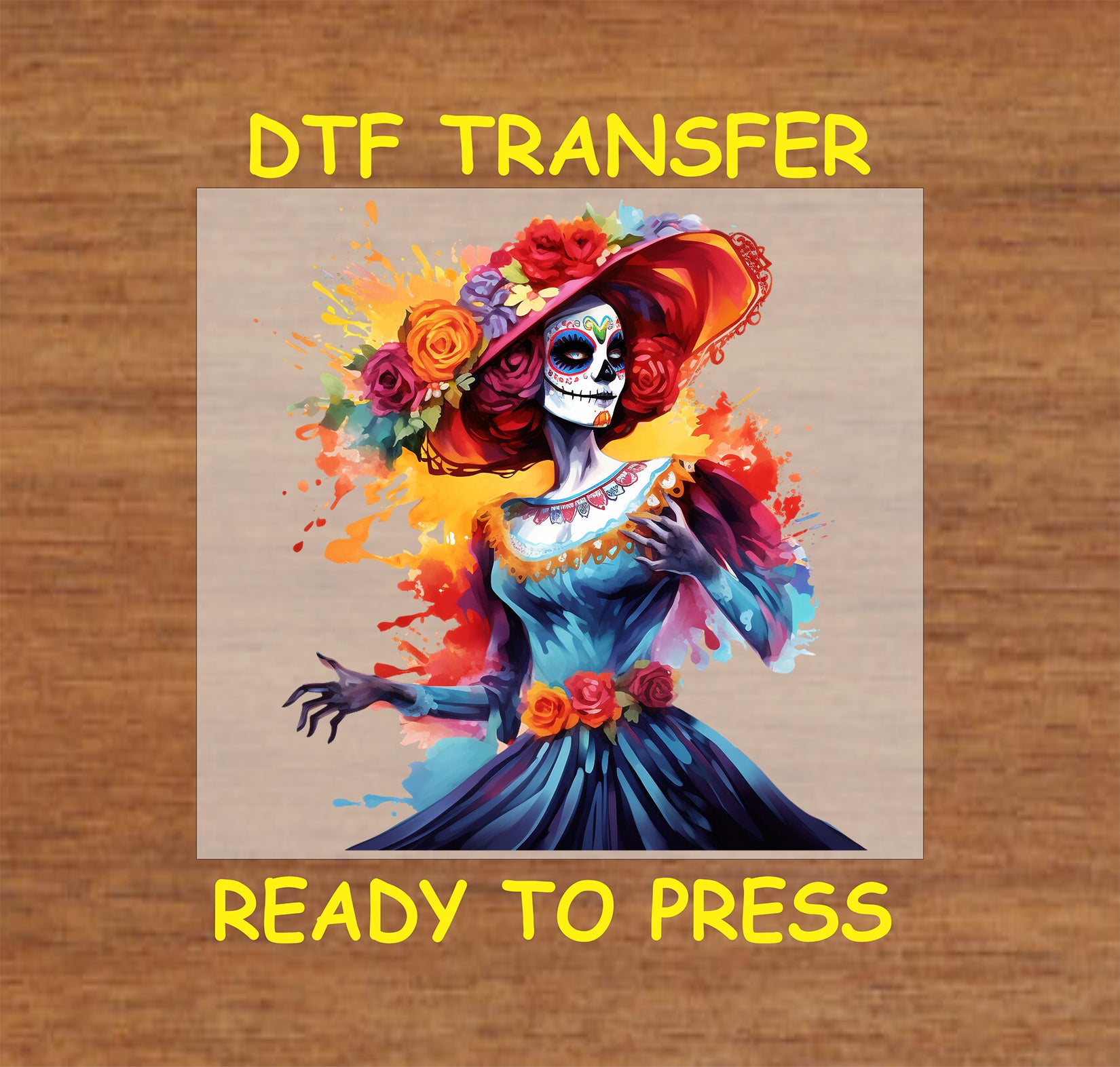 Vivid Dancing Catrina DTF transfer featuring a colorful swirling dress, floral headpiece, and vibrant Día de los Muertos design.