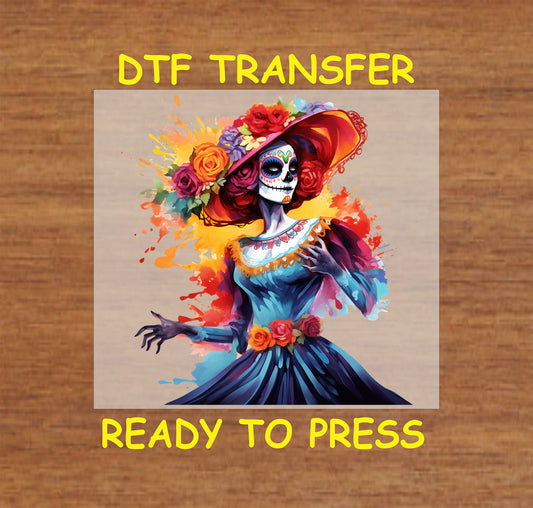 Vivid Dancing Catrina DTF transfer featuring a colorful swirling dress, floral headpiece, and vibrant Día de los Muertos design.