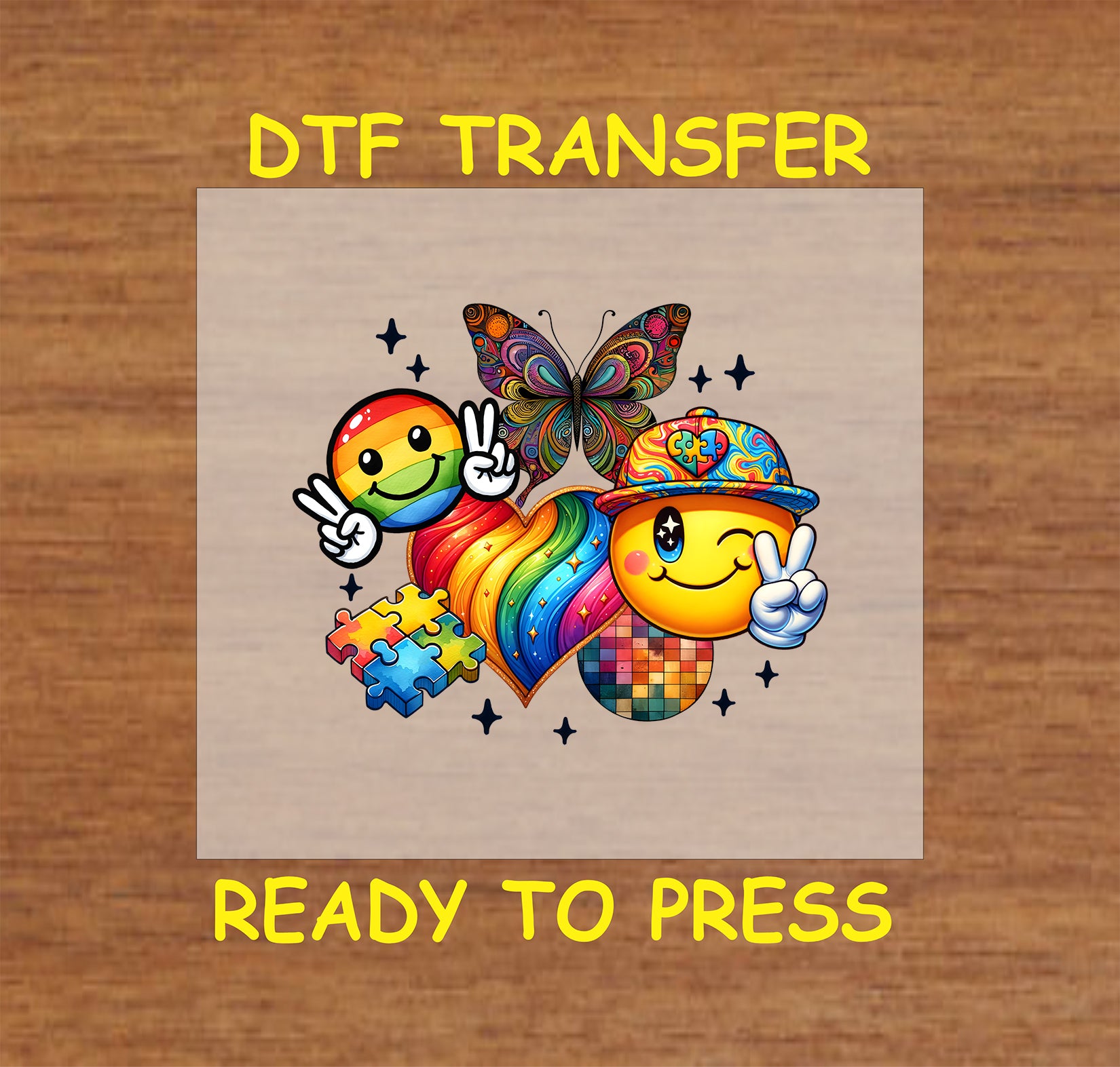 "Autism Acceptance" DTF transfer featuring smiley faces, puzzle pieces, a rainbow heart, and a butterfly design.