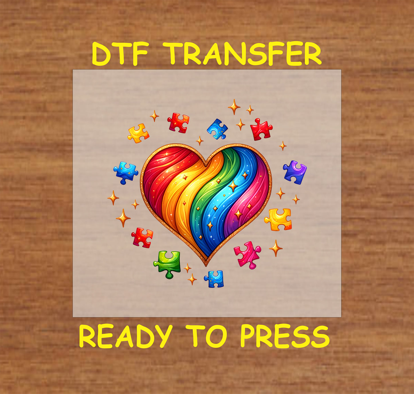 Rainbow Heart Puzzle Autism Awareness DTF transfer featuring colorful puzzle pieces and sparkles.