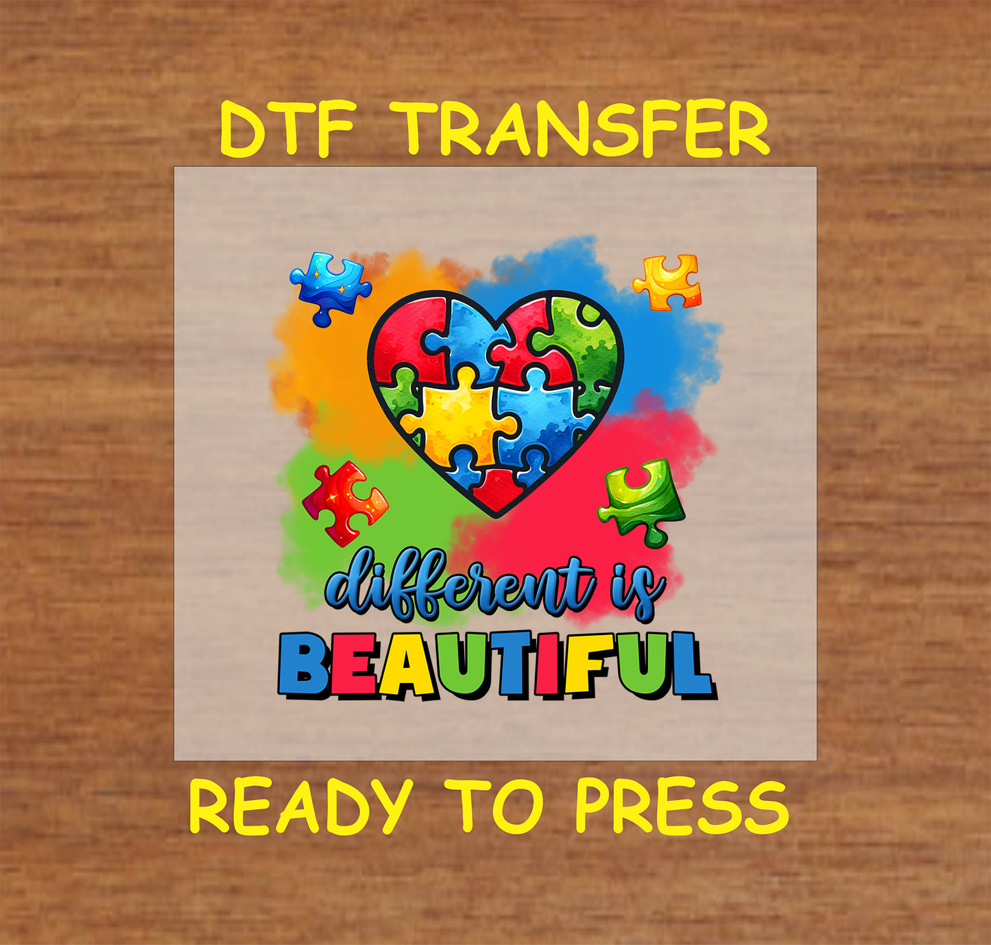 "Different is Beautiful" Autism Awareness DTF transfer featuring a colorful puzzle heart and vibrant text design.
