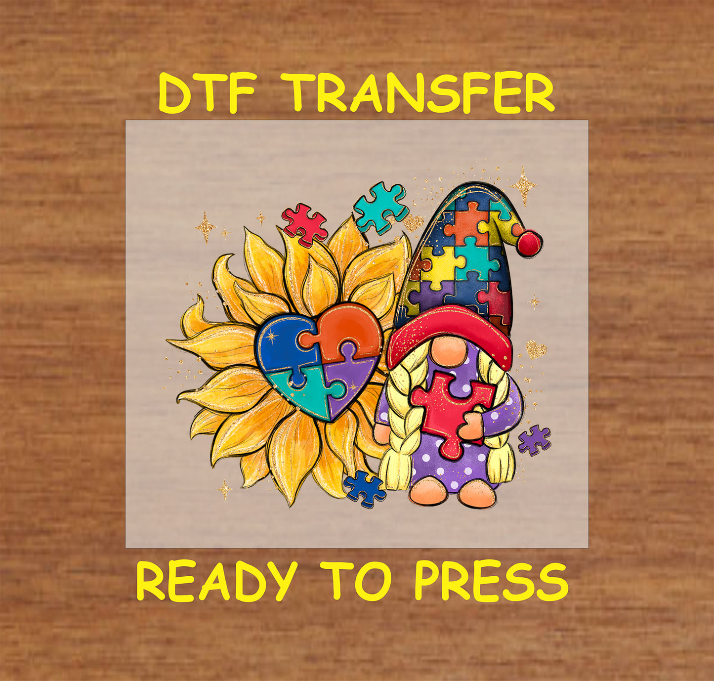 Autism Awareness DTF Transfer Iron On Heat Transfer - Ready to Press, Heart Gnome And Sunflower Design 3073