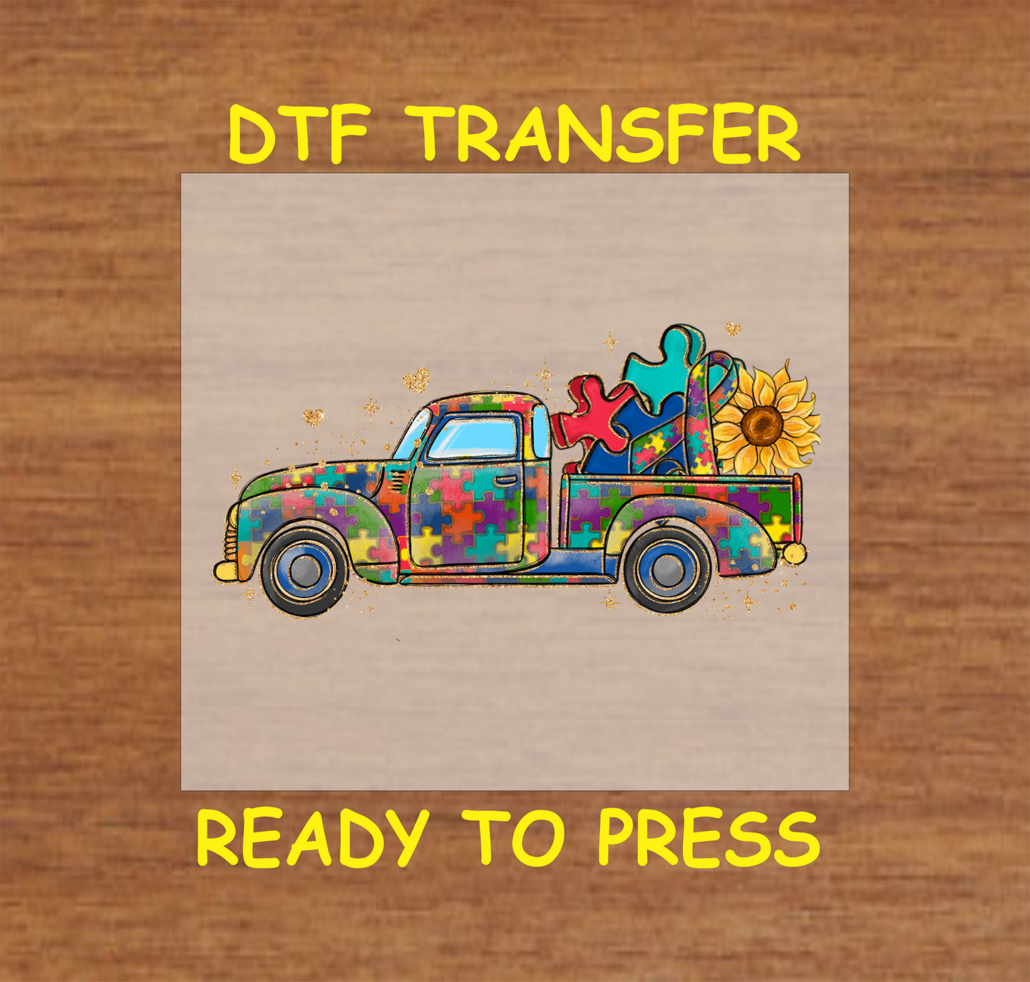 "DTF transfer featuring a vintage puzzle piece truck filled with puzzle pieces and sunflowers, designed for autism awareness."