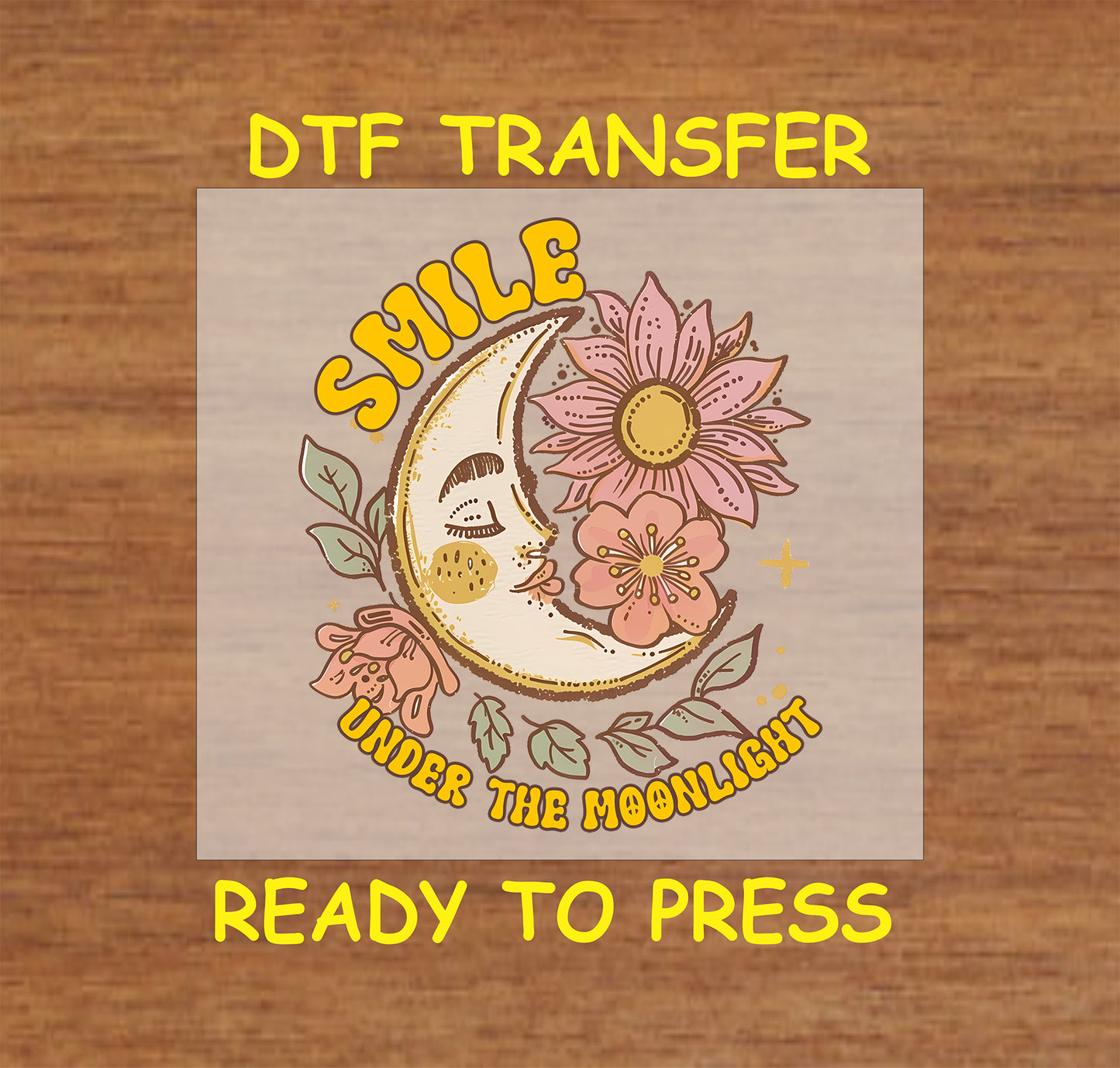 Retro Boho DTF Transfer Iron On Heat Transfer - Ready to Press, "Smile Under the Moonlight" Boho Design 3115