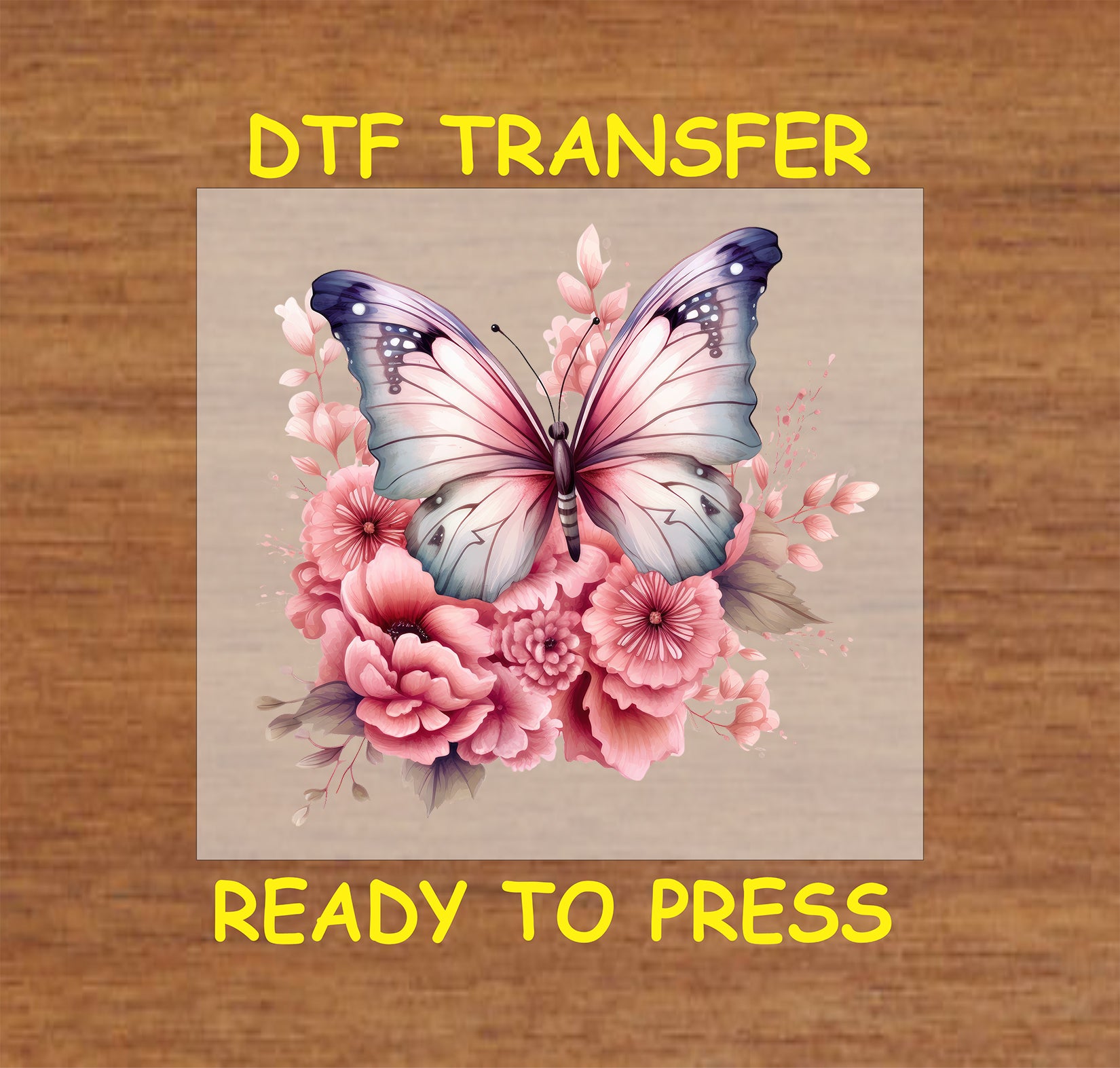 "Pink butterfly surrounded by blooming flowers DTF transfer, ready to press."