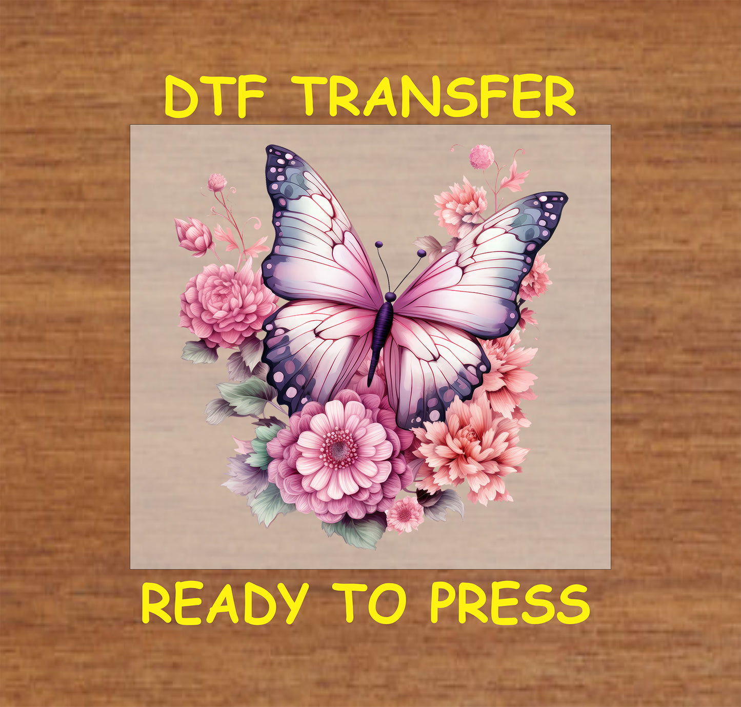 "Pink butterfly perched on a vibrant floral bouquet DTF transfer, ready to press."
