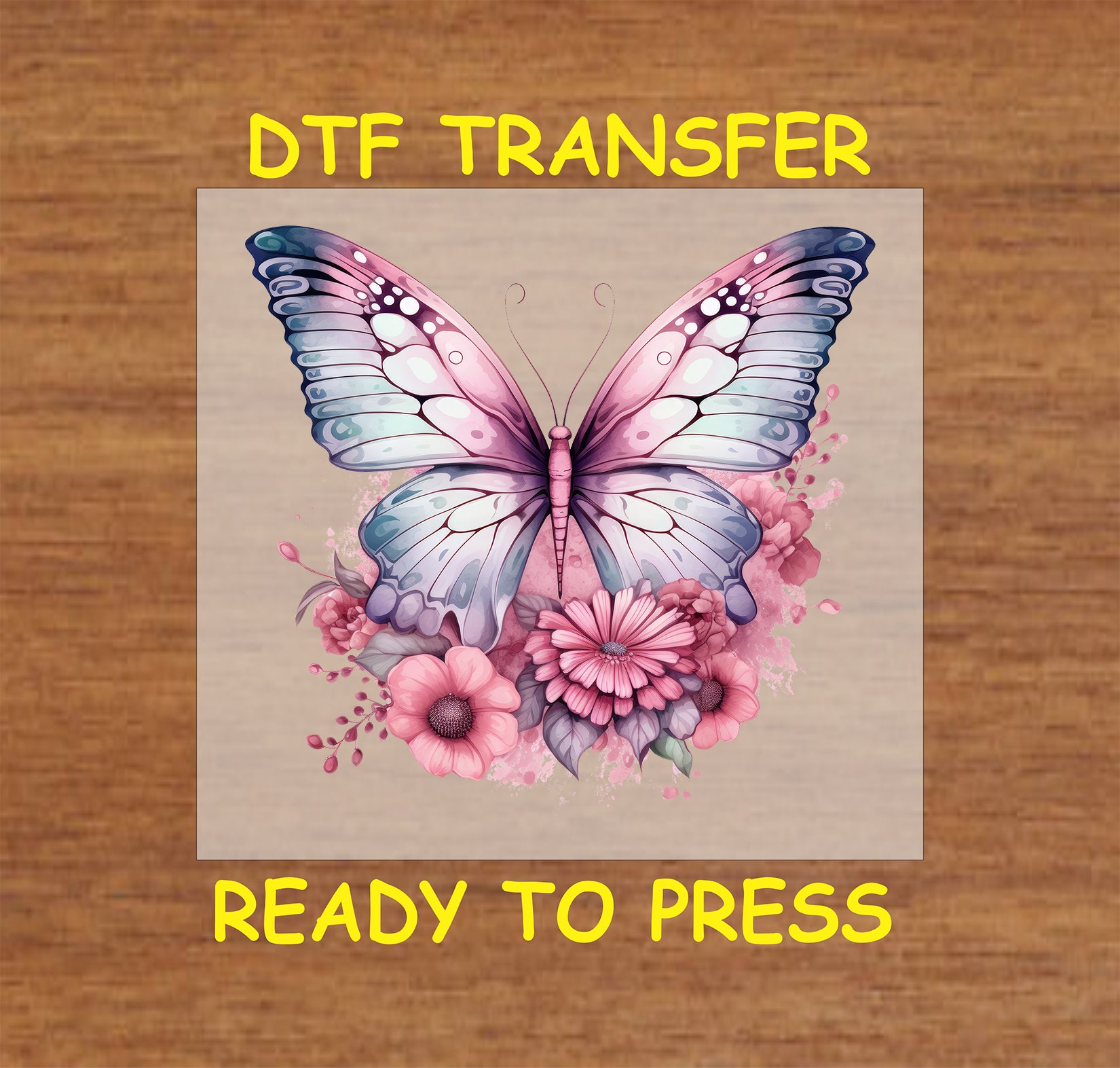 "Blue and pink butterfly with floral bouquet DTF transfer, ready to press."