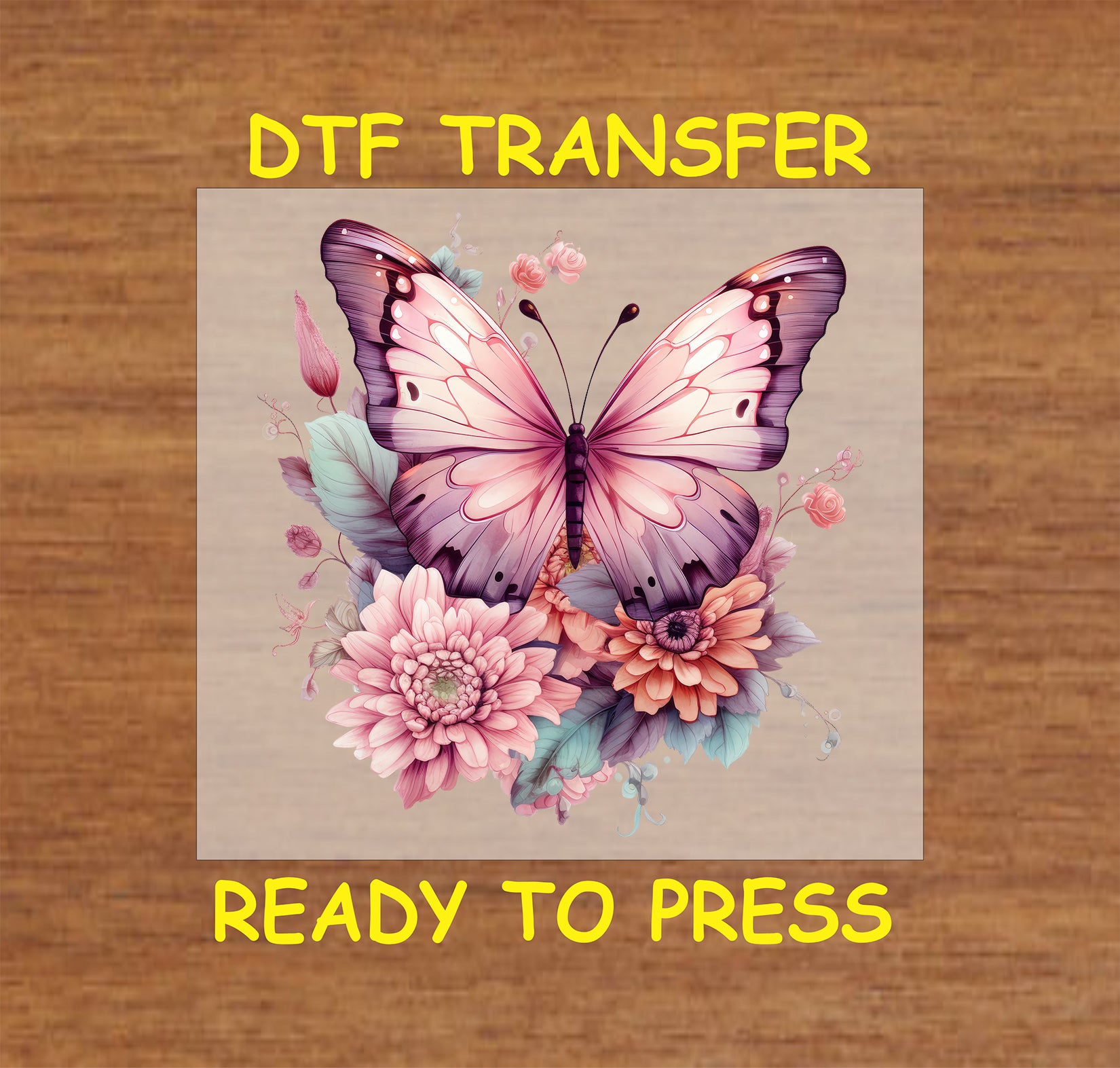 "Purple butterfly with floral arrangement DTF transfer, ready to press."