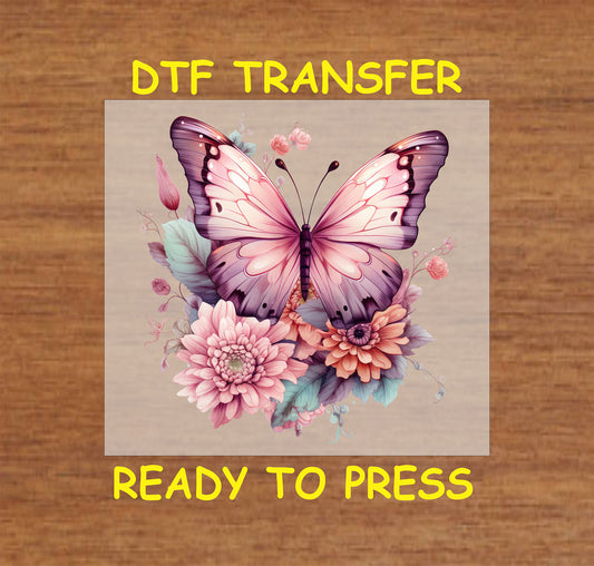 "Purple butterfly with floral arrangement DTF transfer, ready to press."