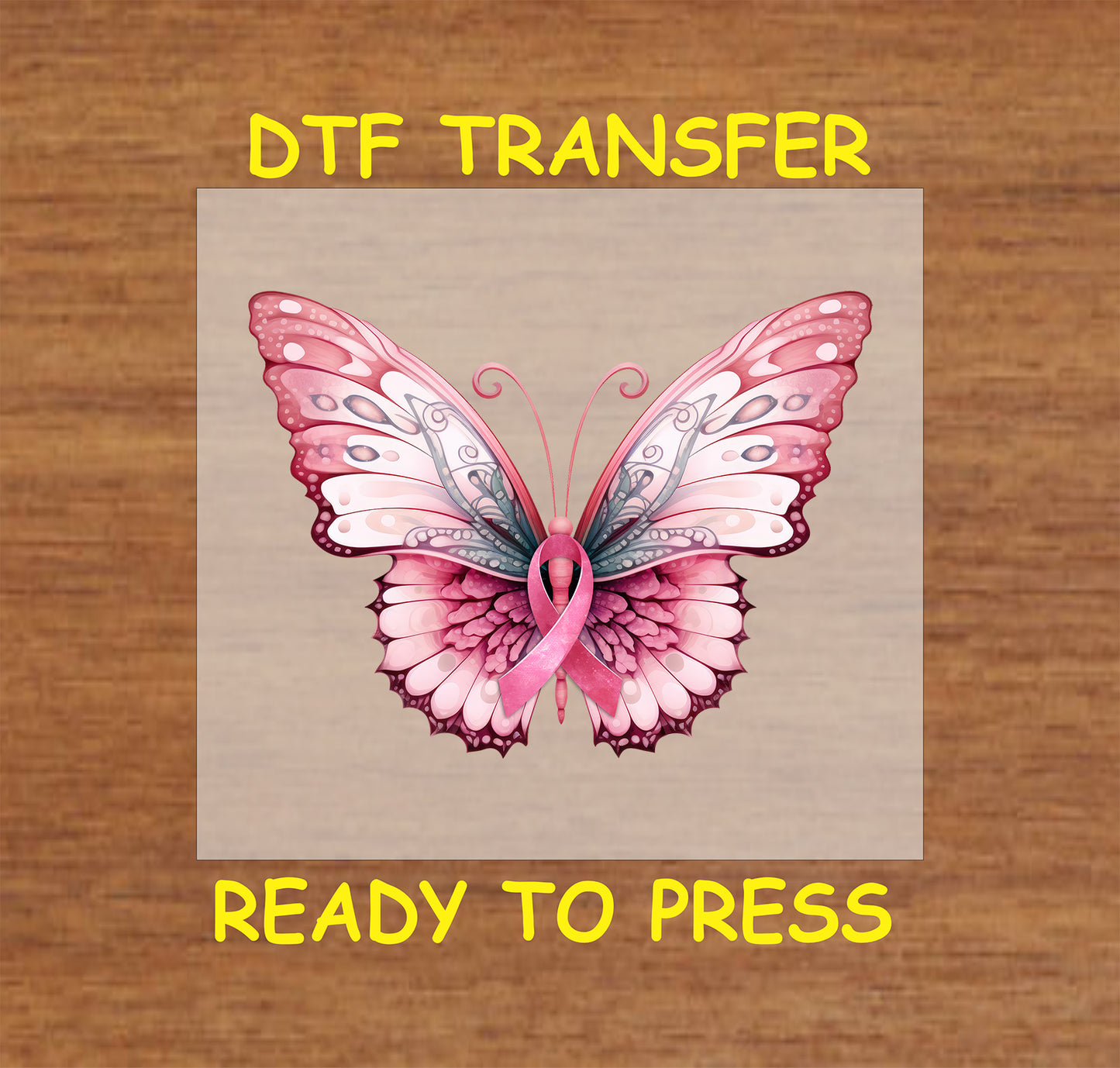 "Pink ribbon butterfly DTF transfer for Breast Cancer Awareness, ready to press."