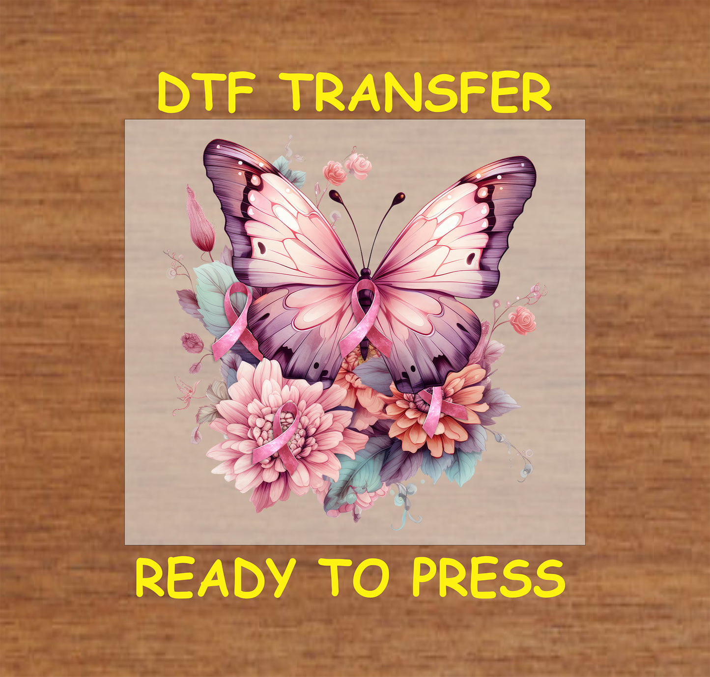 "Floral butterfly with pink ribbon DTF transfer for Breast Cancer Awareness, ready to press."