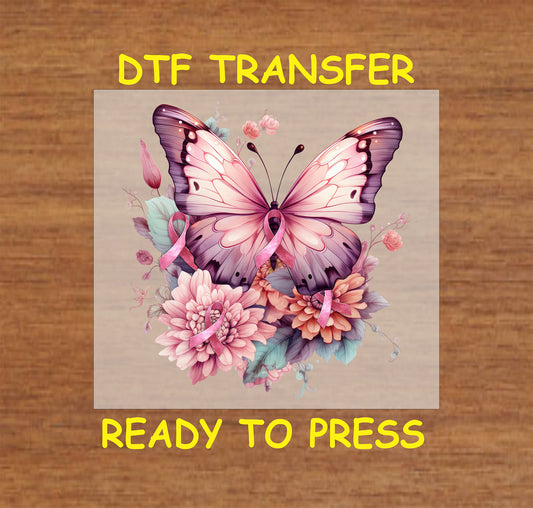 "Floral butterfly with pink ribbon DTF transfer for Breast Cancer Awareness, ready to press."