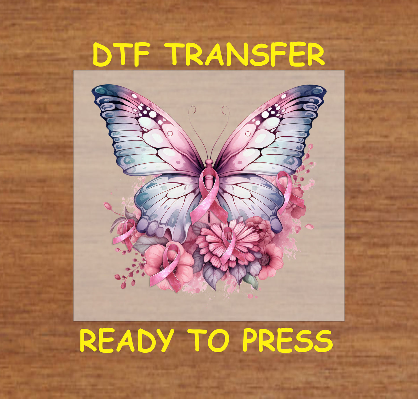 "Pink butterfly with flowers and ribbon DTF transfer, ready to press for Breast Cancer Awareness."