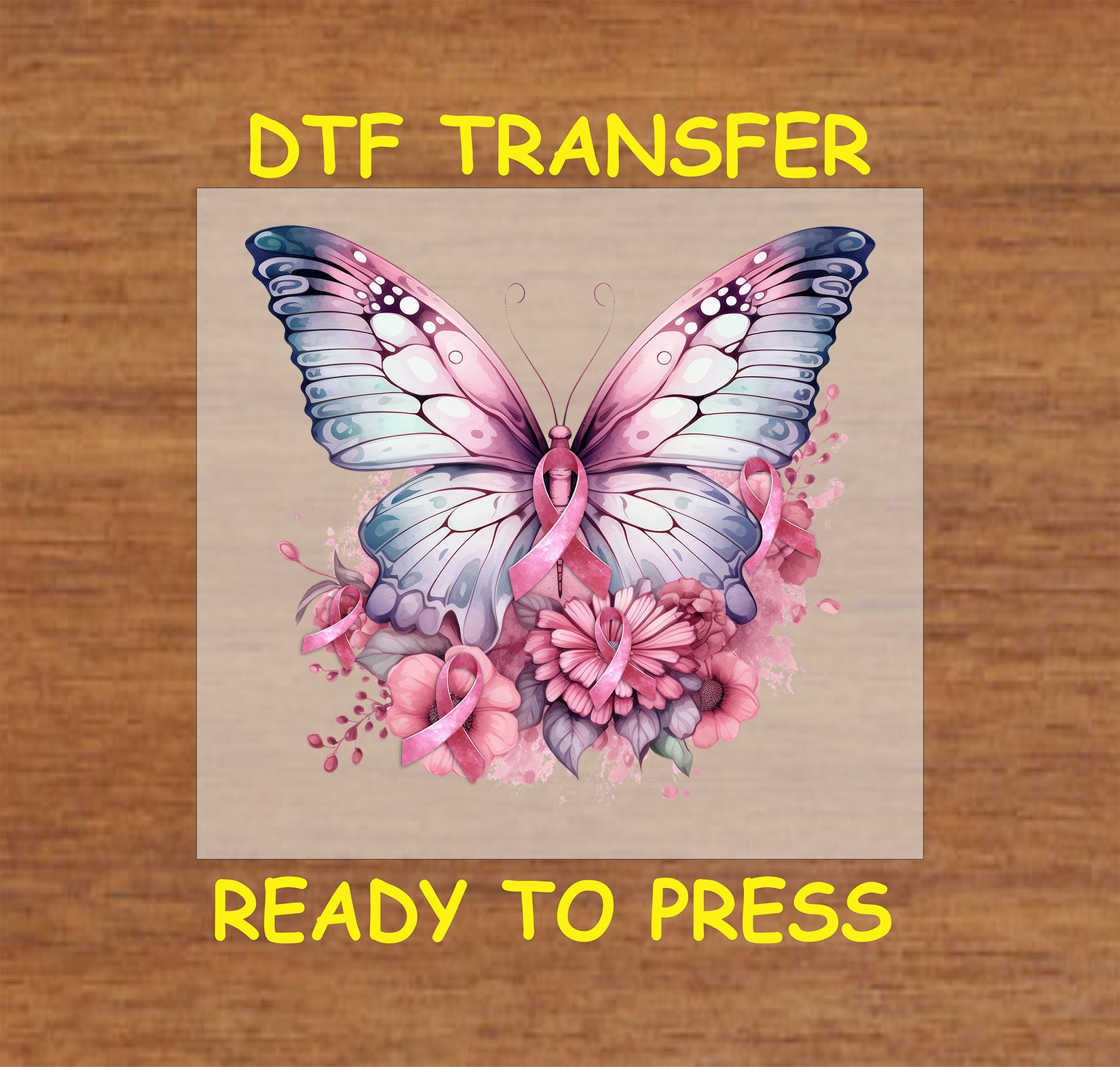 "Pink butterfly with flowers and ribbon DTF transfer, ready to press for Breast Cancer Awareness."