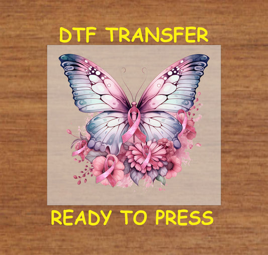 "Pink butterfly with flowers and ribbon DTF transfer, ready to press for Breast Cancer Awareness."