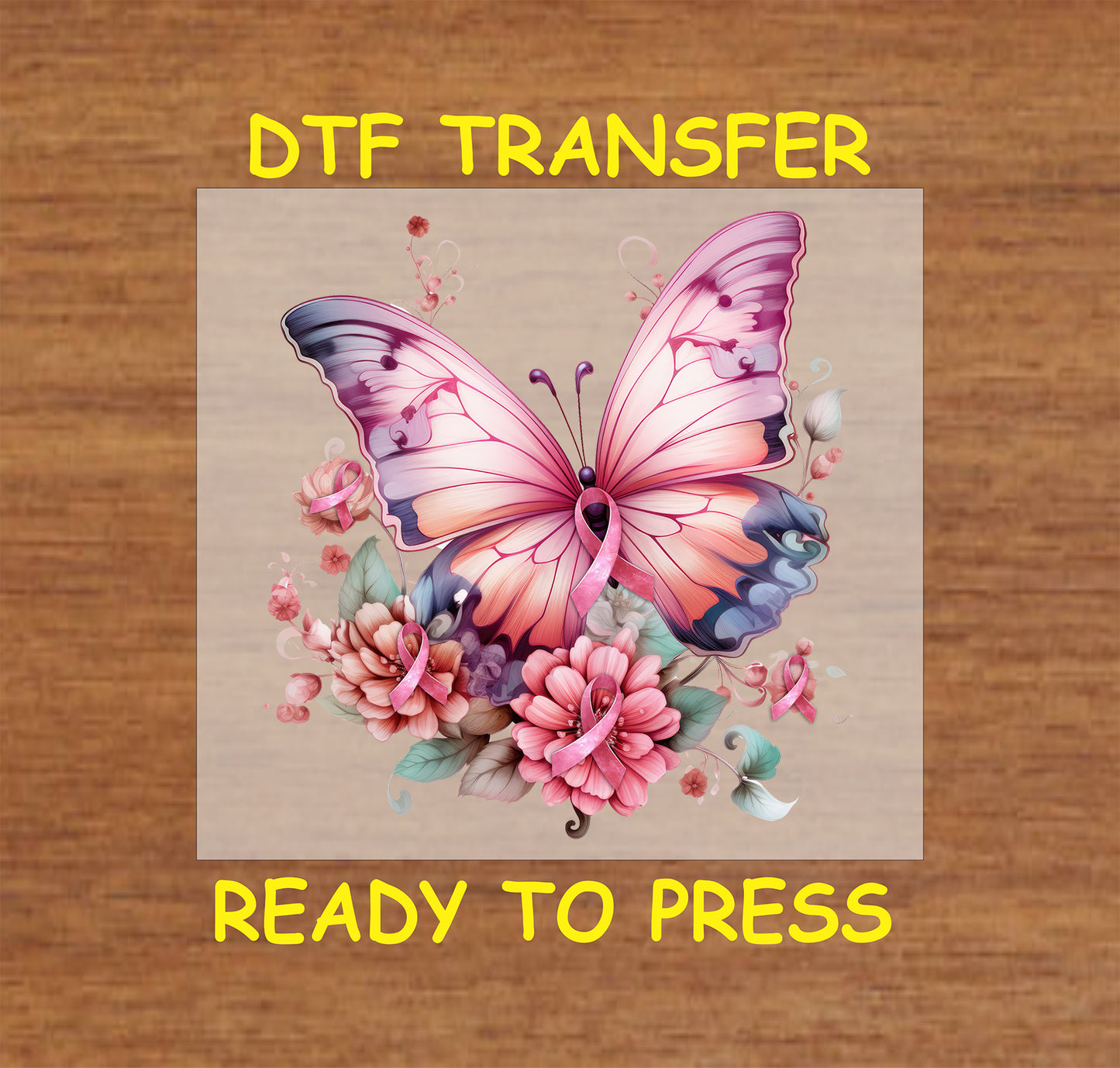"Pink butterfly floral ribbon DTF transfer, ready to press for Breast Cancer Awareness projects."