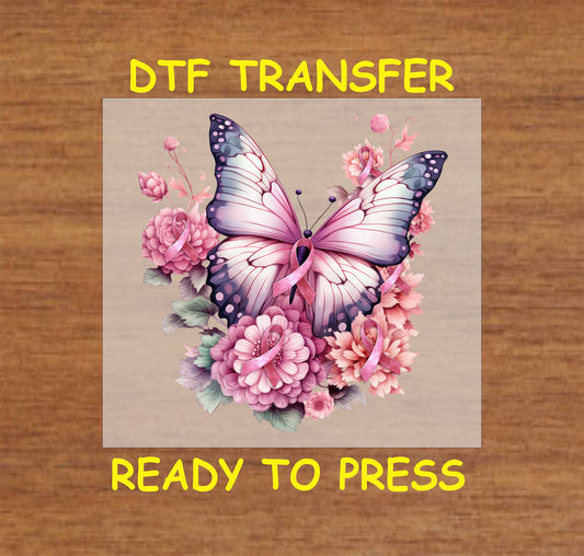 "Floral pink ribbon butterfly DTF transfer, ready to press for Breast Cancer Awareness designs."