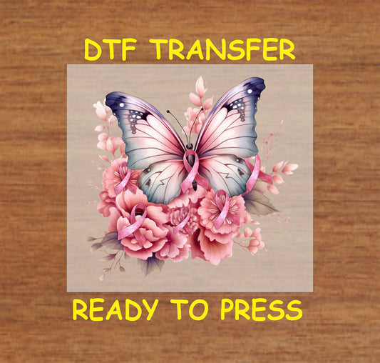 "Pink butterfly with floral accents and ribbon DTF transfer, perfect for Breast Cancer Awareness projects."