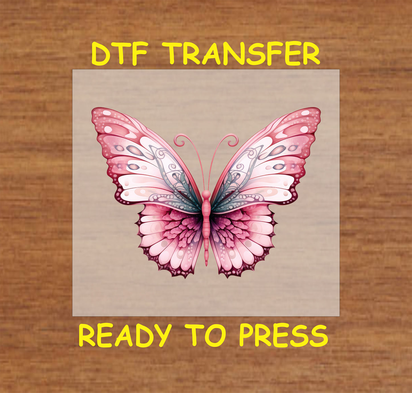 "Pink butterfly DTF transfer with ribbon details for Breast Cancer Awareness projects."