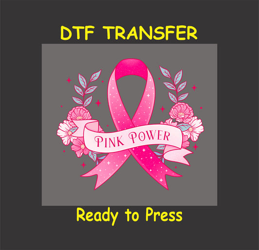 "Pink Power ribbon with floral accents DTF transfer, ready to press."