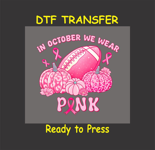 "Pink Breast Cancer Awareness DTF transfer with glitter football, pumpkins, and ribbons, ready to press."