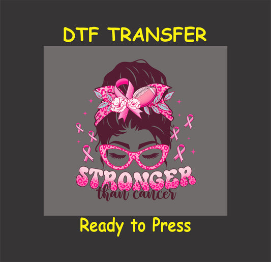 "Stronger Than Cancer DTF transfer with pink headband, glasses, and ribbons, ready to press."