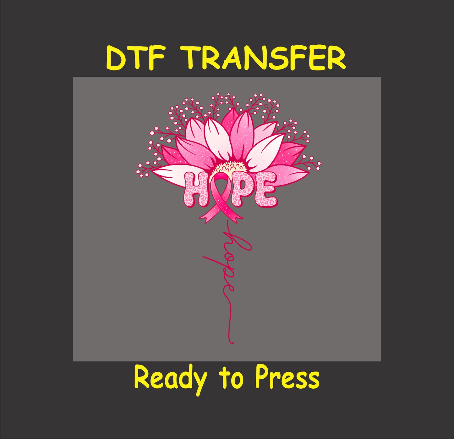 "Hope flower DTF transfer with pink floral design and breast cancer ribbon, ready to press."