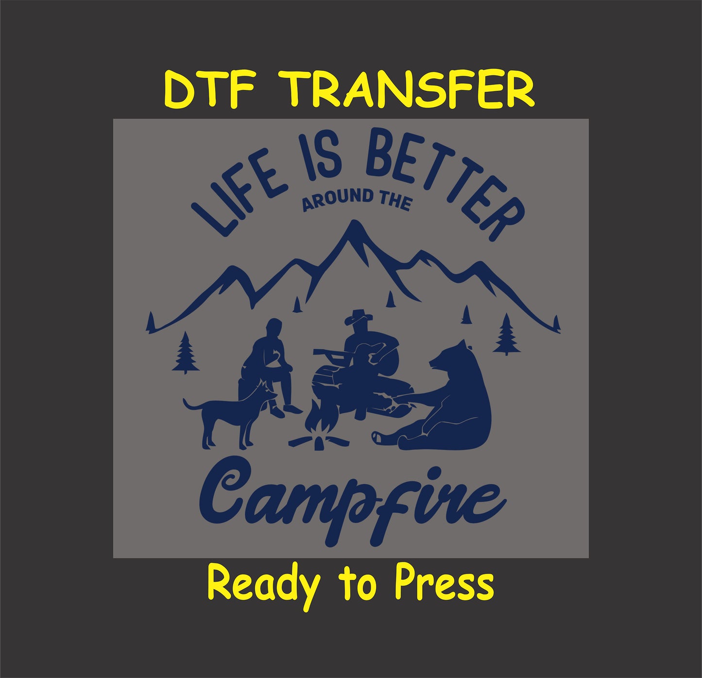 "DTF transfer design with campfire scene, people, animals, mountains, and trees, ready to press."