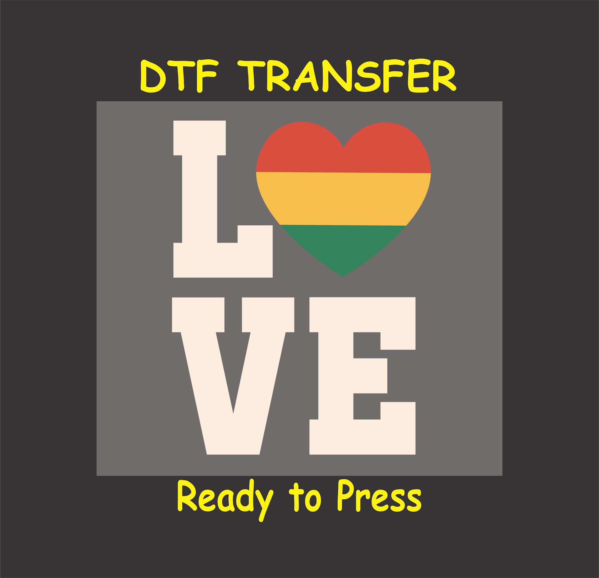 "LOVE design with a heart in Rasta colors on a ready-to-press DTF transfer for apparel."