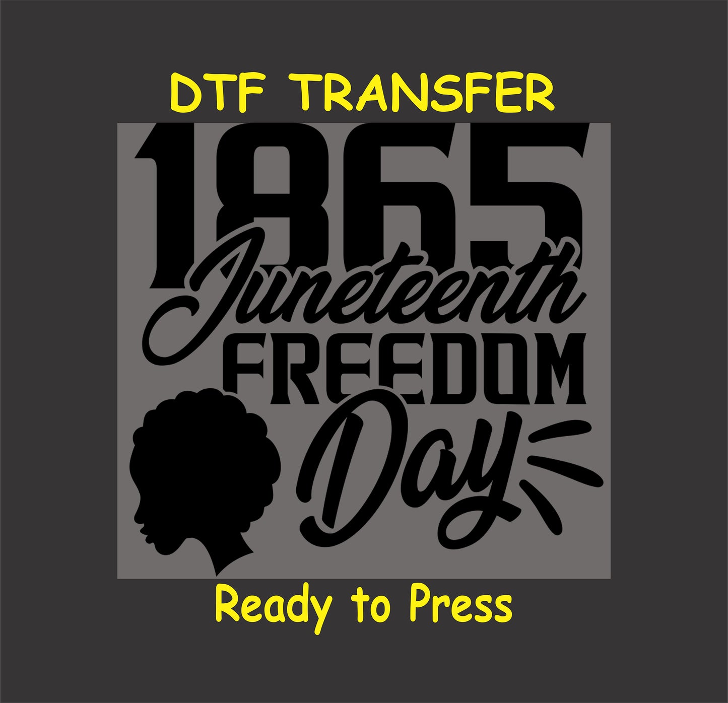 "DTF transfer with '1865 Juneteenth Freedom Day' text, a silhouette profile, and celebratory details, ready to press."