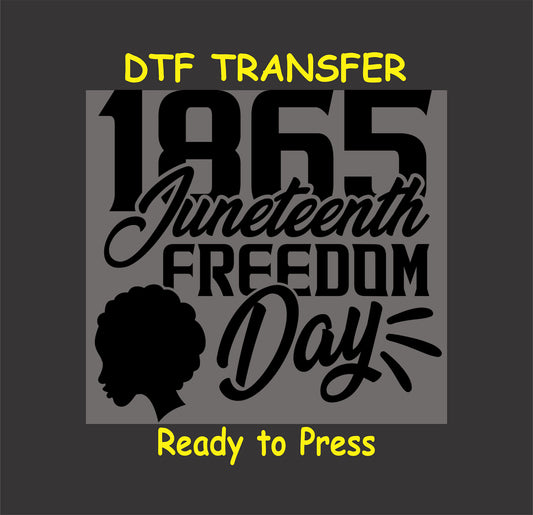 "DTF transfer with '1865 Juneteenth Freedom Day' text, a silhouette profile, and celebratory details, ready to press."