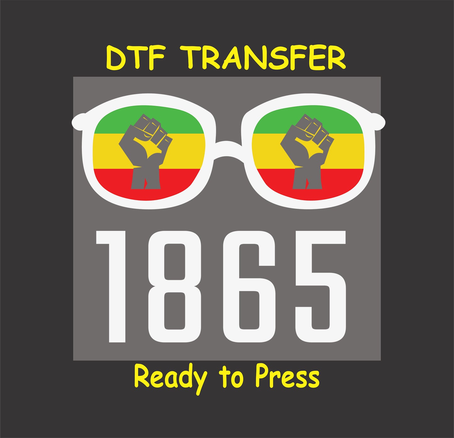 "1865 Juneteenth sunglasses DTF transfer with reflective fists in red, yellow, green colors, ready to press."