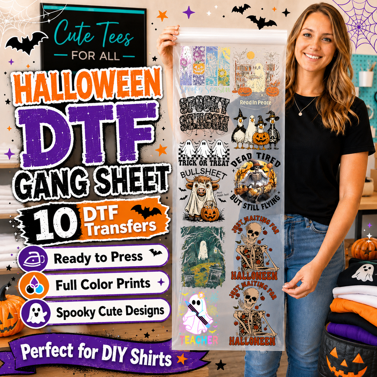 A woman stands next to a large clear vinyl sheet filled with multiple Halloween-themed DTF transfer designs, with promotional text on the left side. The designs include pumpkins, ghosts, skeletons, bats, and spooky illustrations.