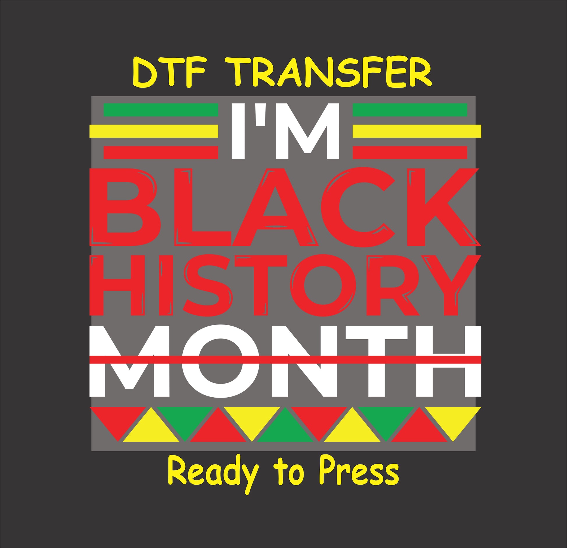 "I Am Black History Month DTF transfer with bold red, yellow, green, and white text, featuring African-inspired patterns."