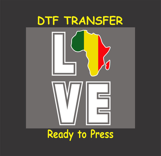 "LOVE Africa DTF transfer featuring a bold red, yellow, and green Africa graphic within the word LOVE."