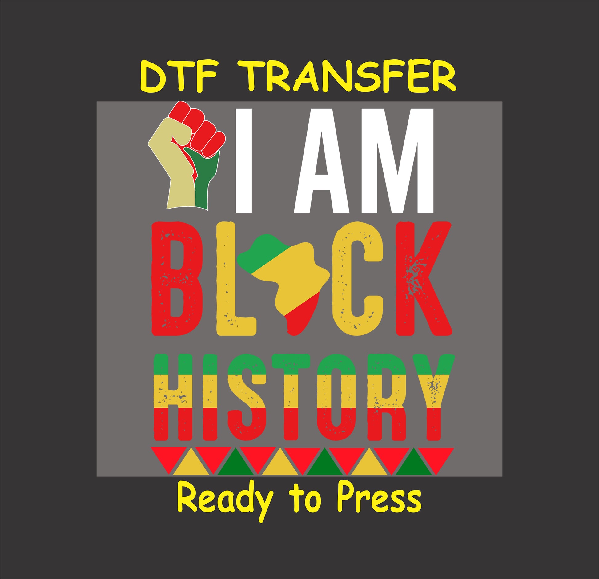 "DTF transfer featuring 'I Am Black History' text with a raised fist, African continent, and vibrant red, yellow, and green accents."
