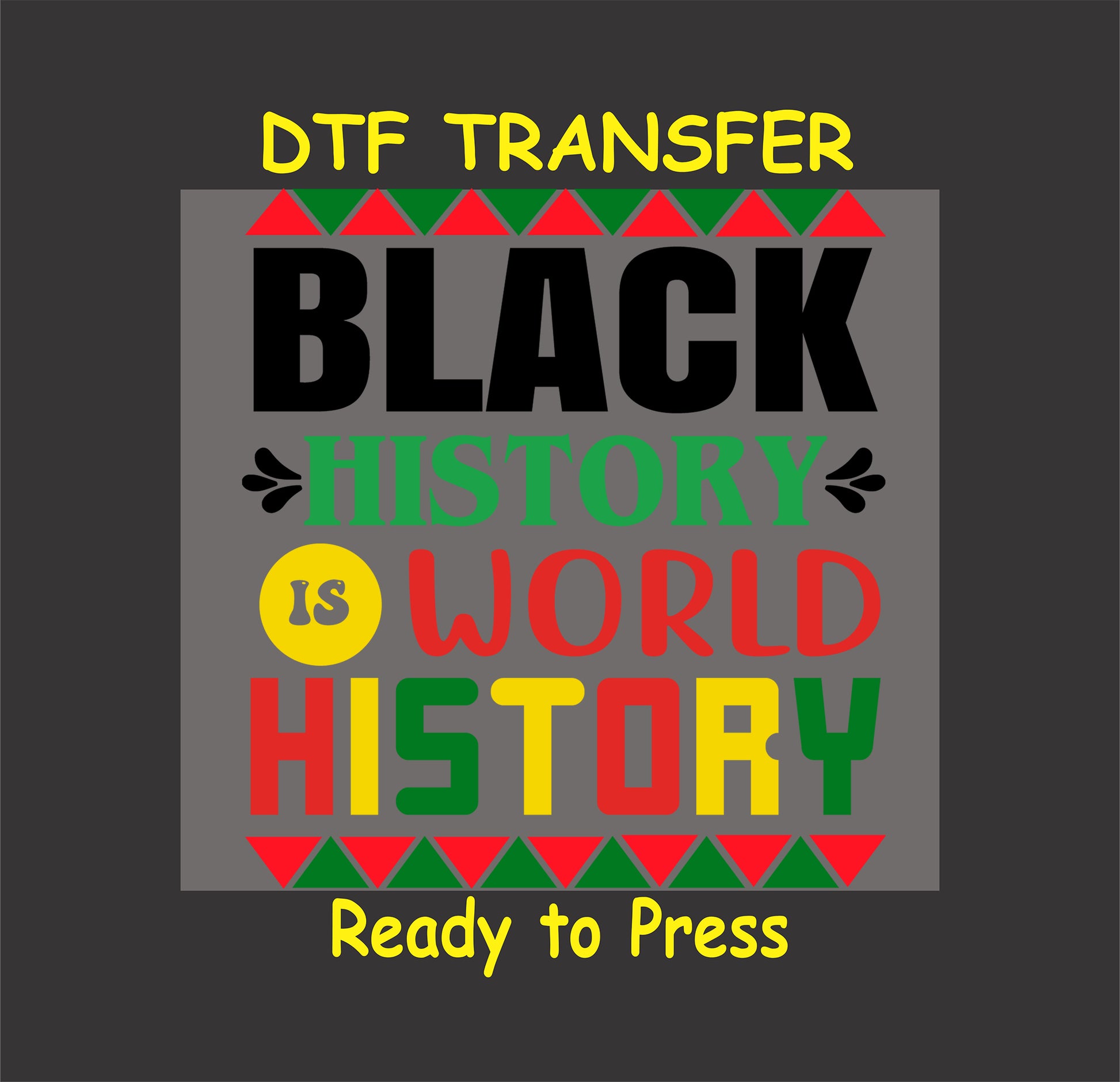 "Black History Is World History DTF transfer with bold text and Pan-African colors for celebrating global Black heritage."